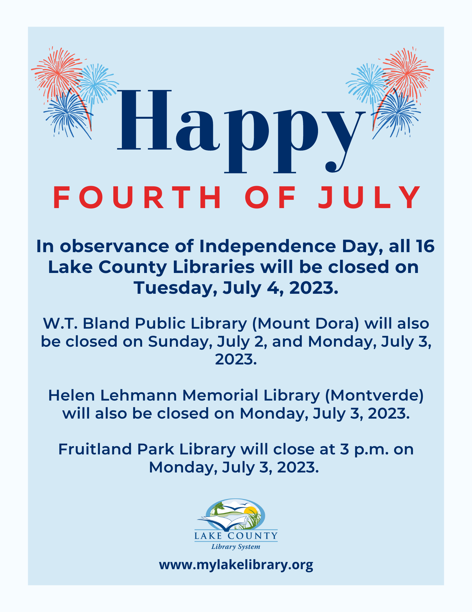 News Release: 4th Of July Schedule At Your Lake Libraries